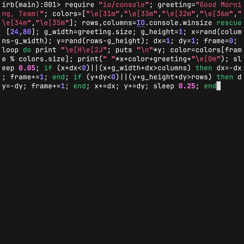 A colorful 'Good Morning, Team!' text bouncing around the terminal window